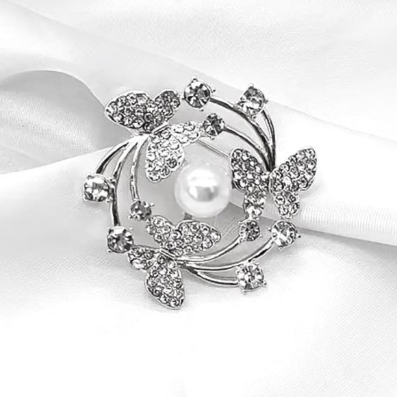 Brooch Butterfly & Pearl Rhinestone Flower Pin Stylish Sparkle Fashon Glam - Picture 3 of 4